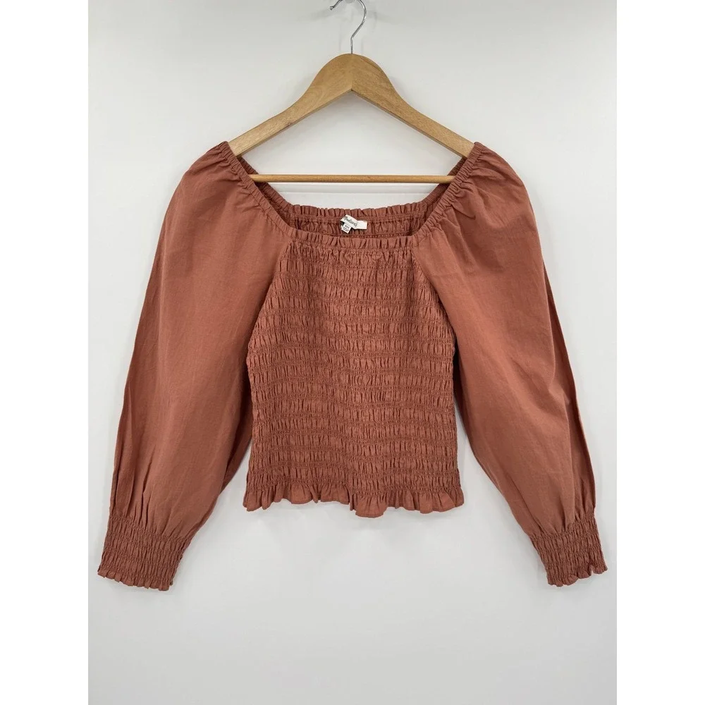 Madewell Top XXS Rust Orange Lucie Bubble-Sleeve Smocked Romantic Cottagecore